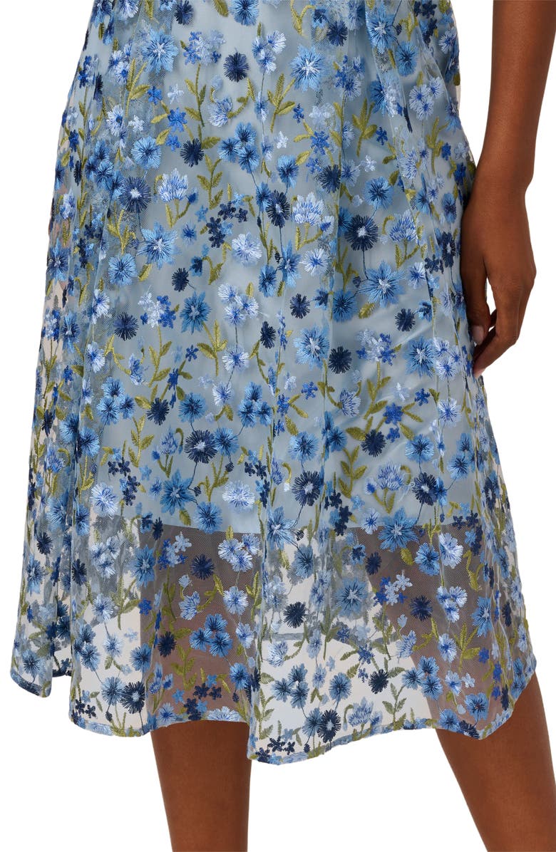 Adrianna Papell Floral Embroidered Lace Trim Midi Dress, Alternate, color, Blue Multi