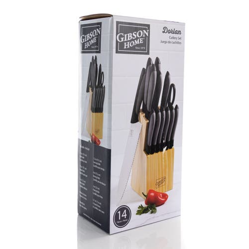 Gibson Home Dorain 14 Piece Stainless Steel Cutlery Set With Wood Block In Black