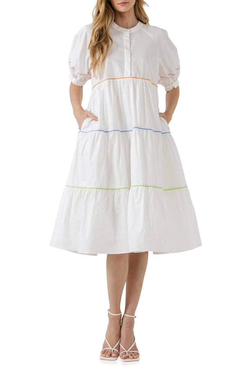 English Factory Tiered Puff Sleeve Cotton Midi Dress, Main, color, 