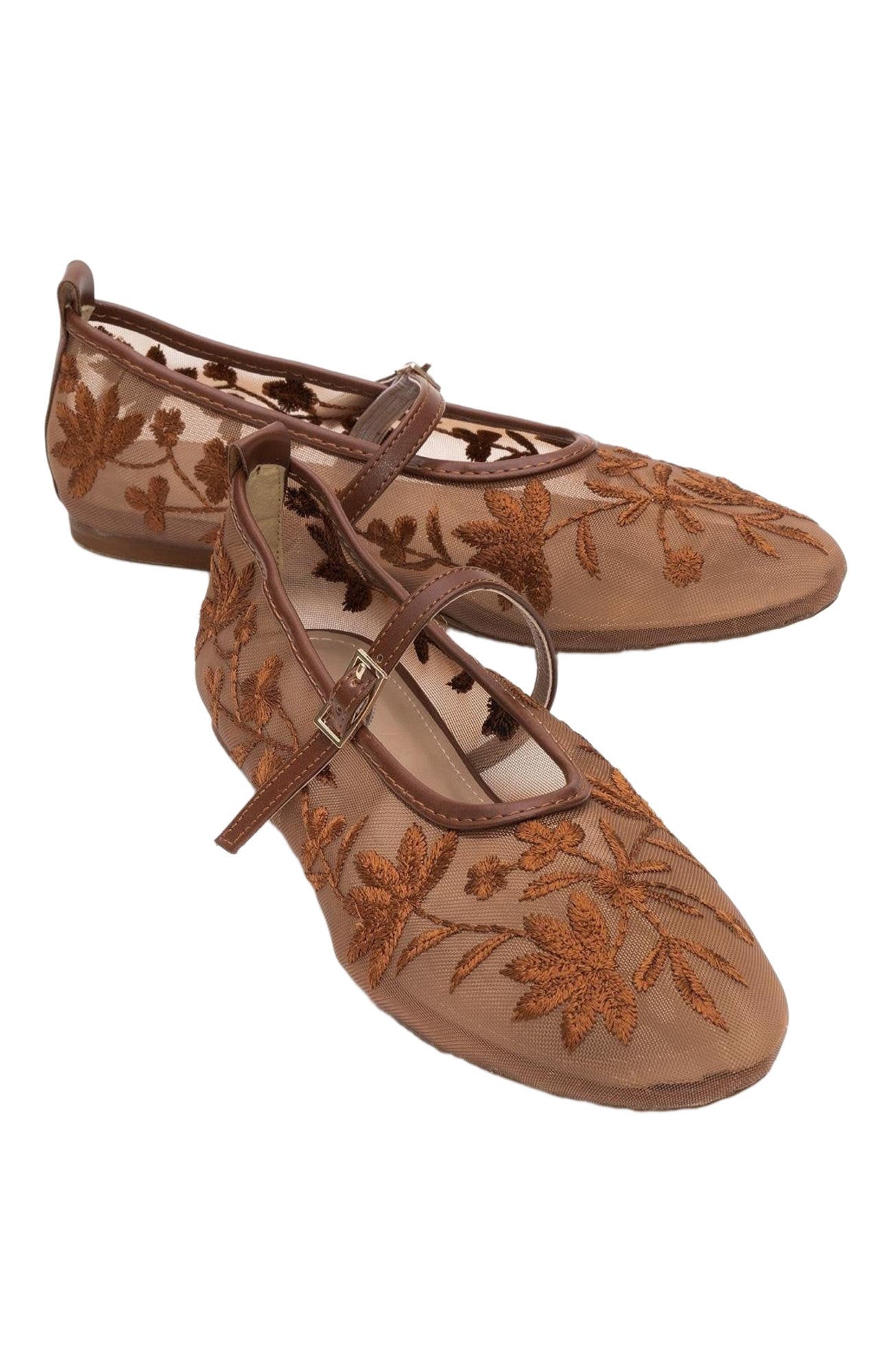 Prologue Shoes Juny Mesh Floral Embroidery Ballet Flat, Alternate, color, Cognac Faux Leather