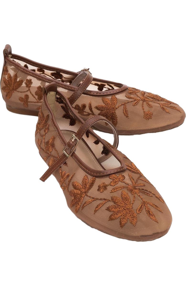 Prologue Shoes Juny Mesh Floral Embroidery Ballet Flat, Alternate, color, Cognac Faux Leather
