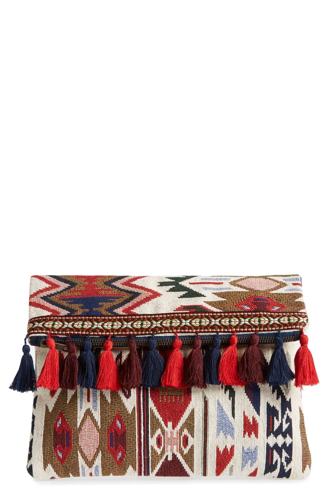 Tassel Geo Foldover Clutch, Main, color, RED MULTI