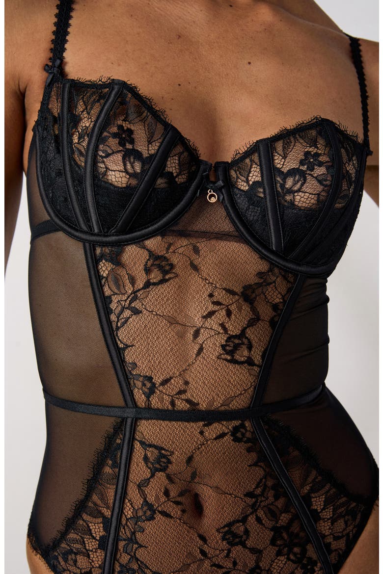 Mascarade Embroidered Underwire Bodysuit, Alternate, color, BLACK
