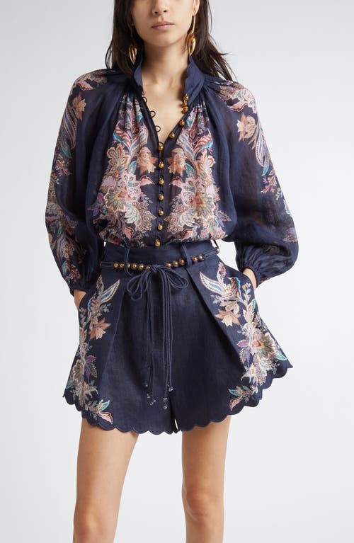 Zimmermann Rhiannon Billow Blue Blouse With High Neck And All-over Paisley Print In Ramie Woman In Blue