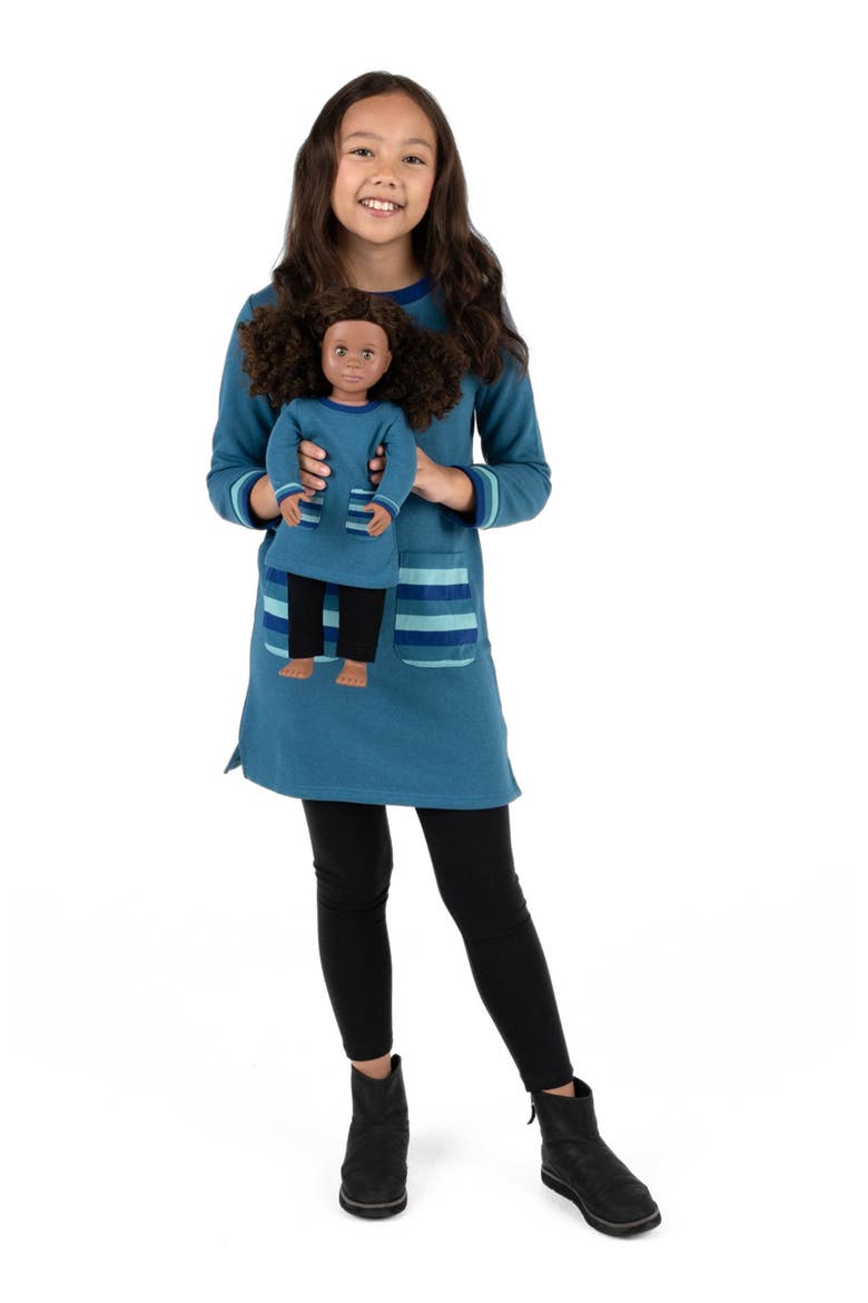 Girls Sweatshirt Dress with Matching Doll Dress, Alternate, color, TEAL BLUE
