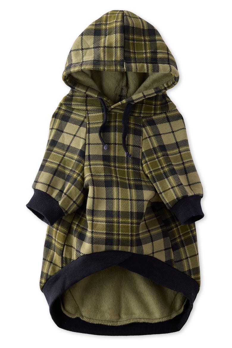 Rocky II Plaid Organic Cotton Blend Dog Hoodie, Main, color, OLIVE CHESTERFIELD