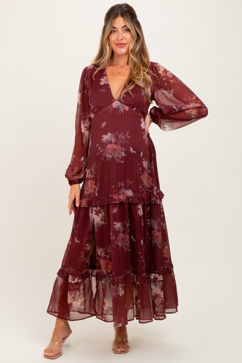 Floral Chiffon V-Neck Long Sleeve Maxi Dress, Main, color, Burgundy