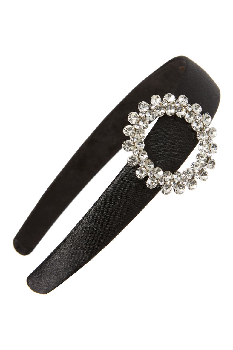 Crystal Buckle Satin Headband, Main, color, BLACK