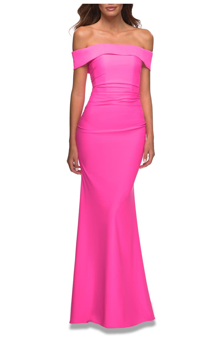 La Femme Long Off the Shoulder Ruched Neon Jersey Dress, Alternate, color, Hot Pink