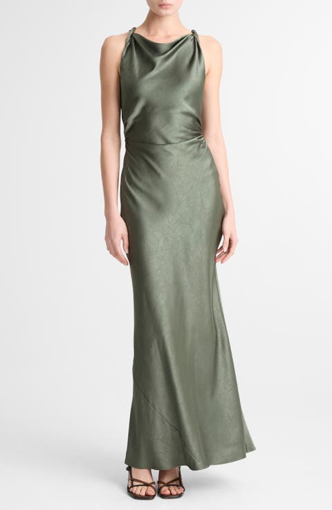 Twist Strap Textured Satin Maxi Dress