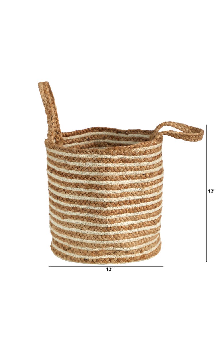 14-in Boho Chic Basket Planter Natural Cotton and Jute, Handwoven Stripe with Handles, Alternate, color, Beige