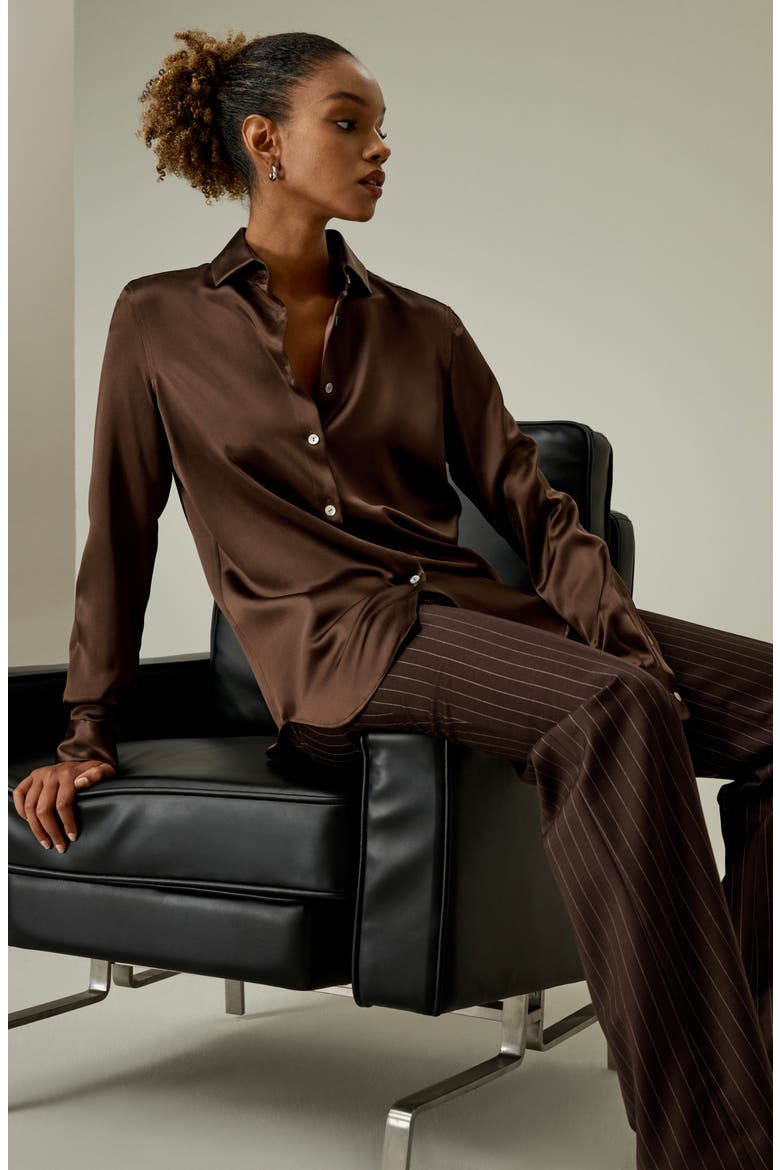Women's Spread Collar Silk Shirt, Alternate, color, Chocolate
