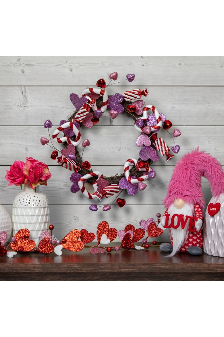 Candies and Hearts Valentine's Day Small Artificial Wreath - 16" - Purple, Alternate, color, Pink