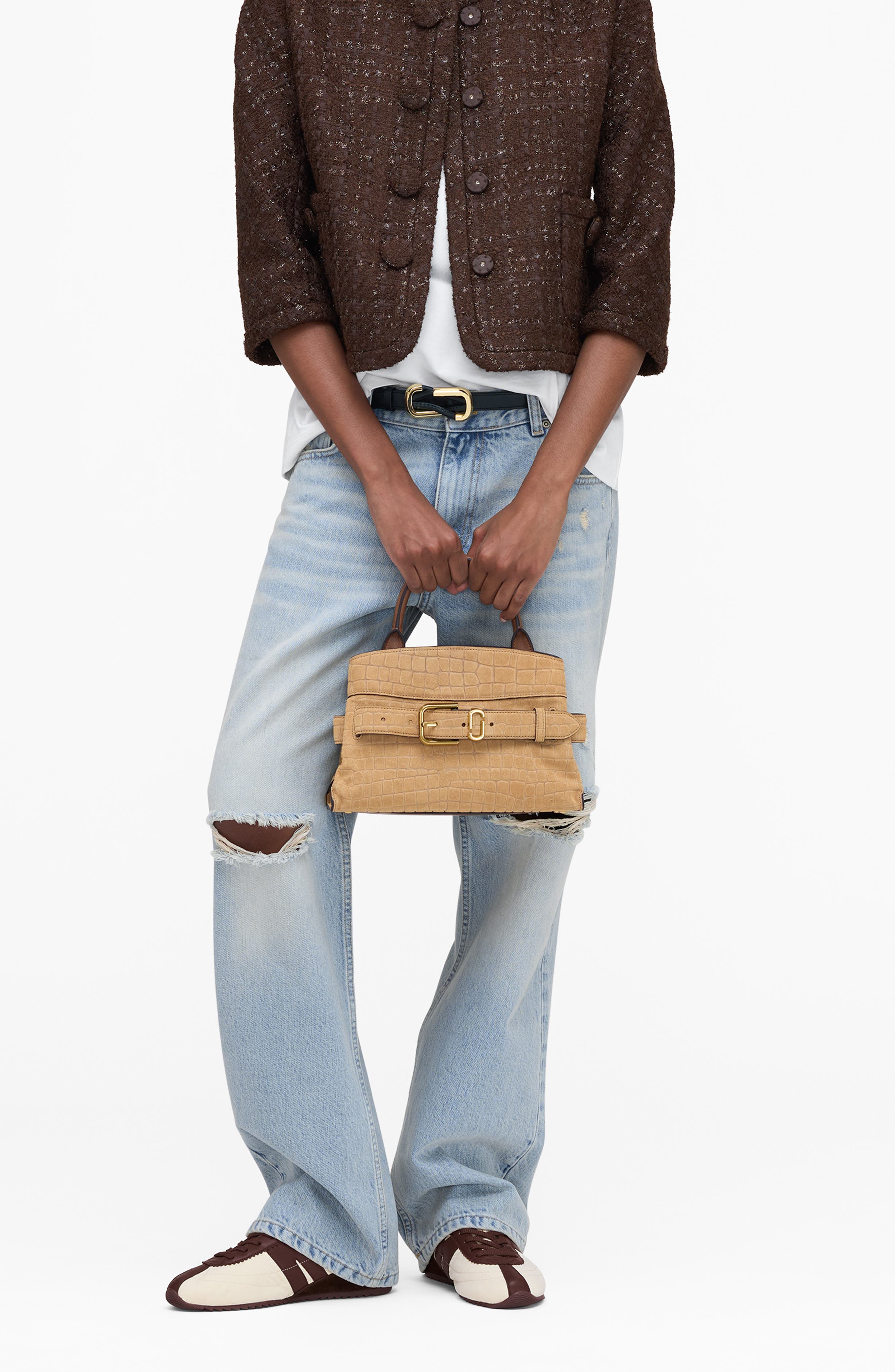 Marc Jacobs The Small Dakota Croc Embossed Suede Satchel, Alternate, color, Sahara