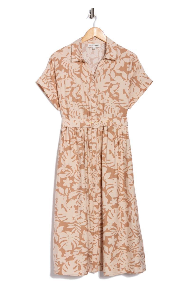 Lucky Brand Short Sleeve Belted Button-Up Shirtdress, Alternate, color, Tan Tropic