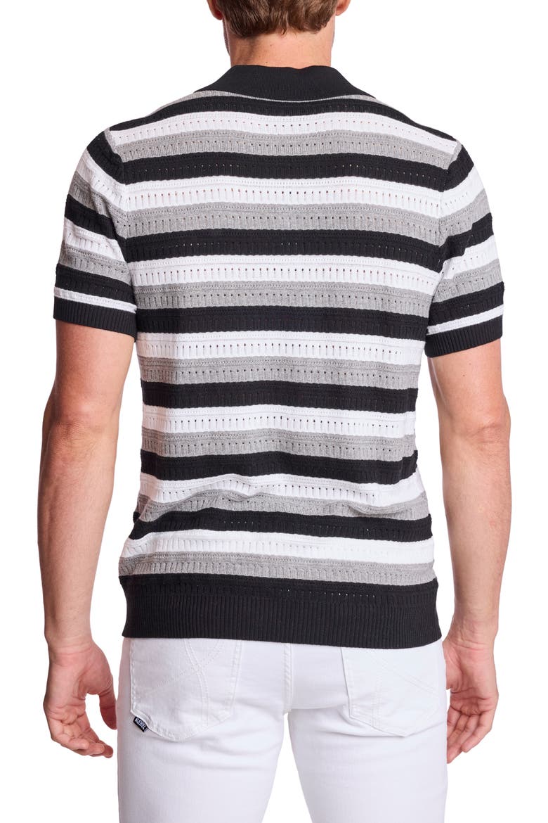 Trim Fit Johnny Collar Stripe Knit Polo, Alternate, color, BLACK SOY MIST