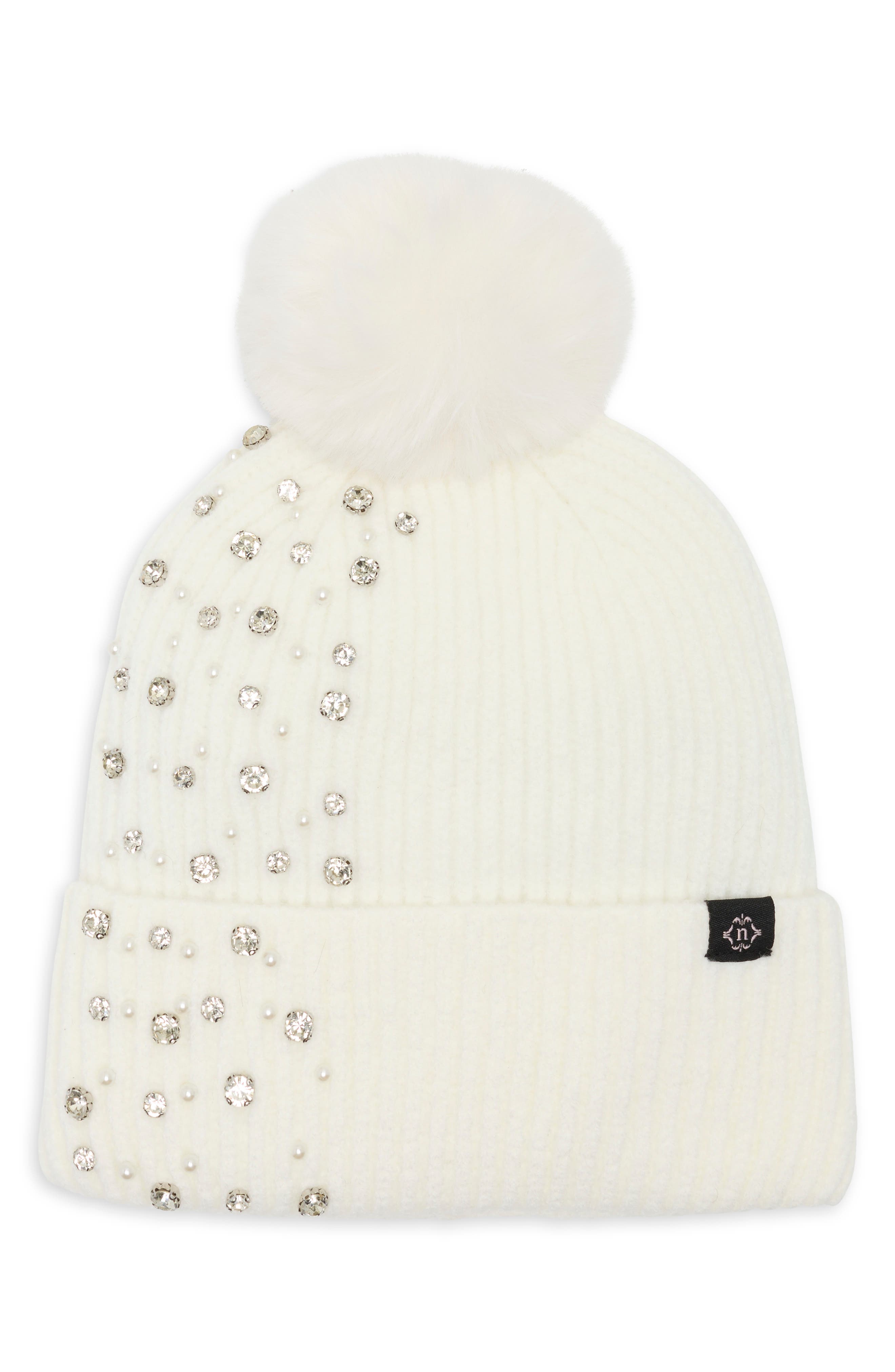 Studded Faux Fur Pom Beanie