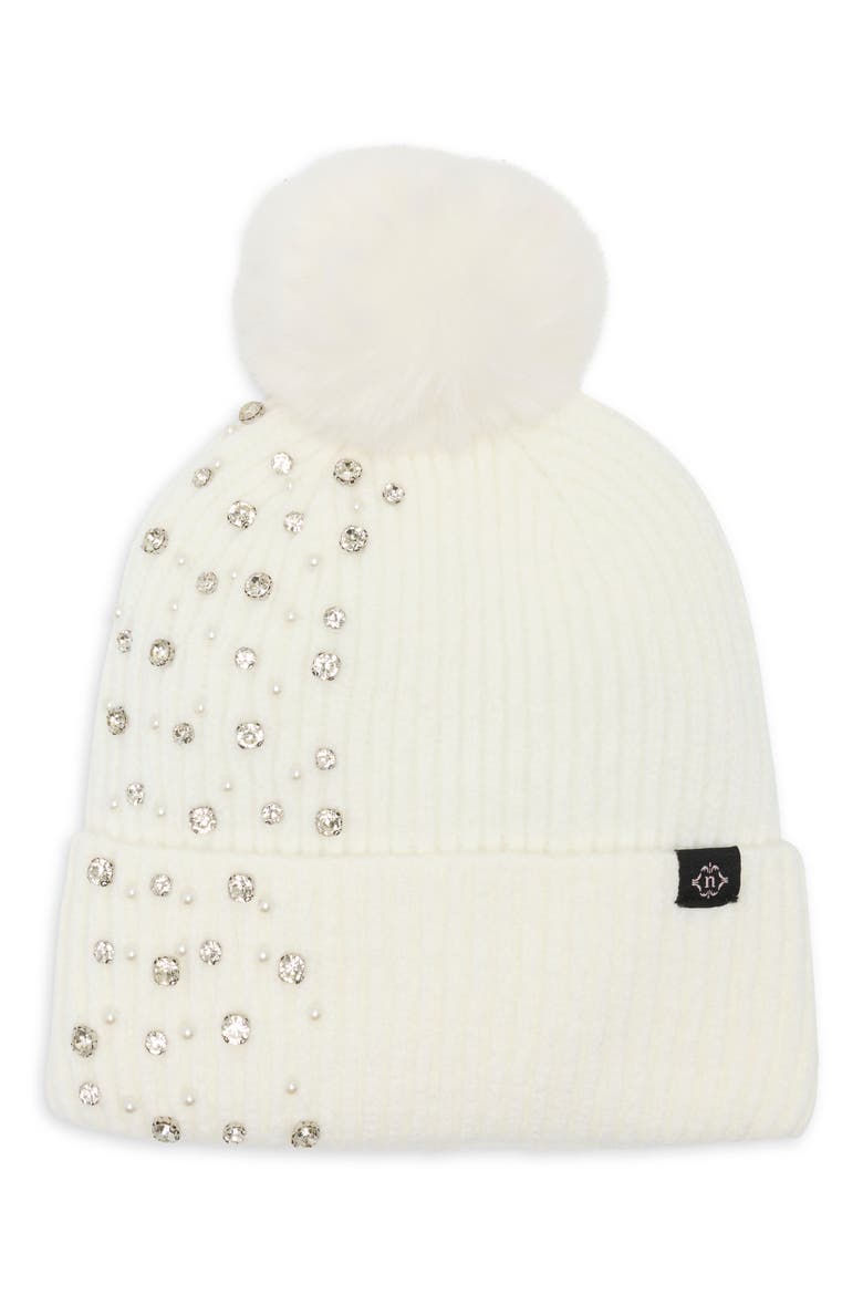 Studded Faux Fur Pom Beanie, Main, color, IVORY