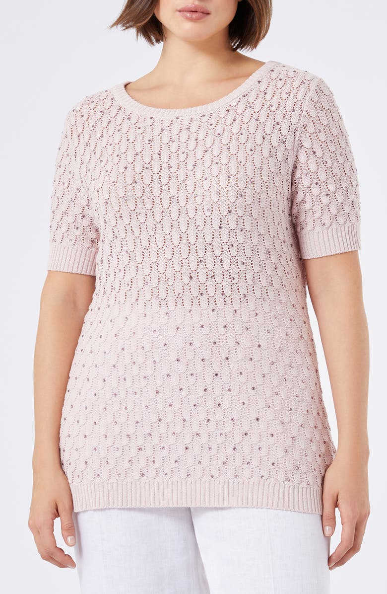 Marina Rinaldi Nerone Crystal Embellished Short Sleeve Sweater, Main, color, Pink