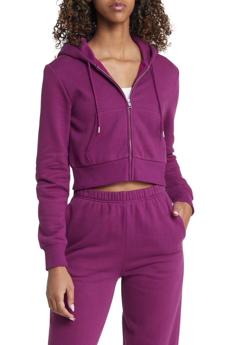 Crop Cotton Blend Zip-Up Hoodie, Main, color, PURPLE MAGENTA