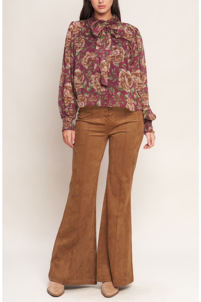 Floral Tie Neck Top, Alternate, color, BURGUNDY