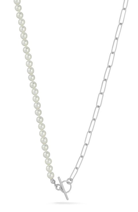 Cultured Pearl & Paper Clip Chain Toggle Necklace