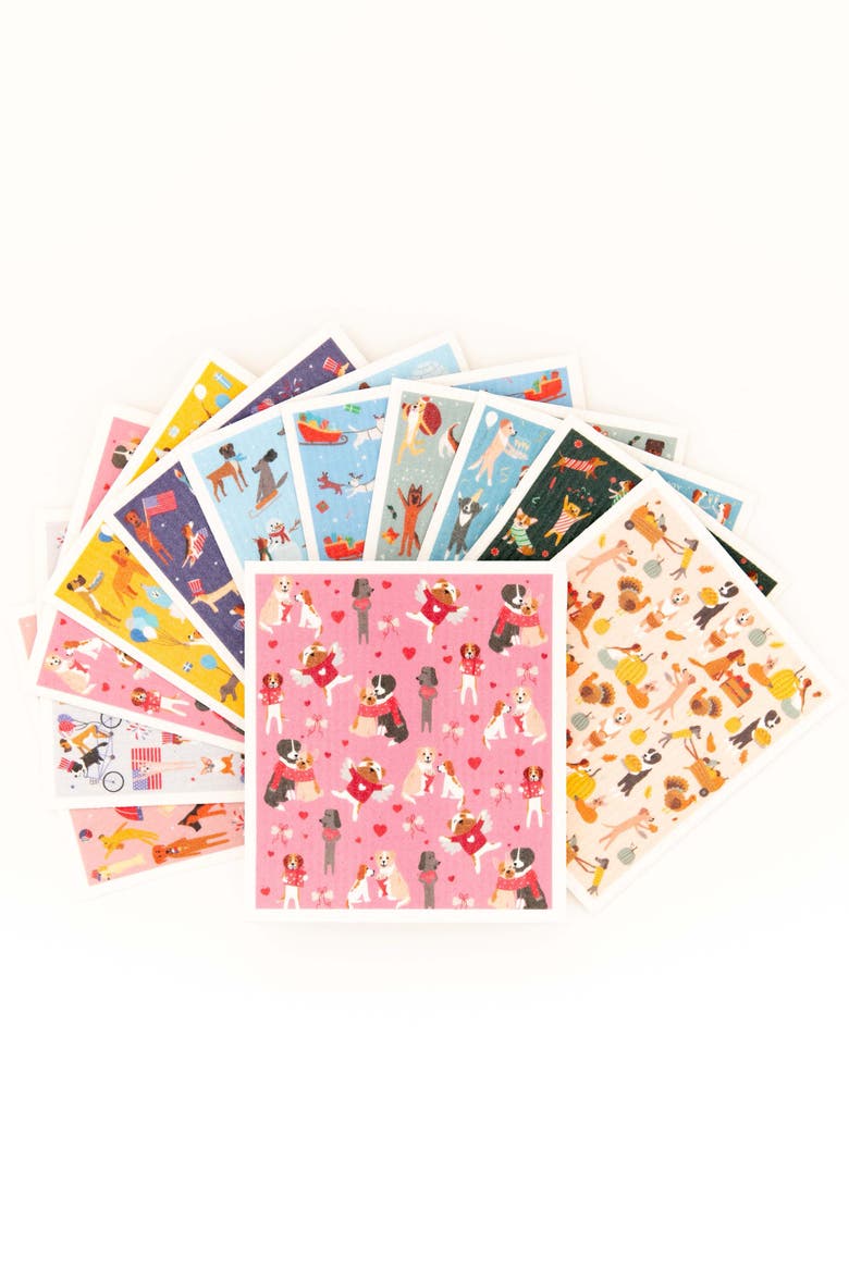Pupper Towels 12-Pack Swedish Dish Cloths for Kitchen, Main, color, Doggie Dozen Holidays