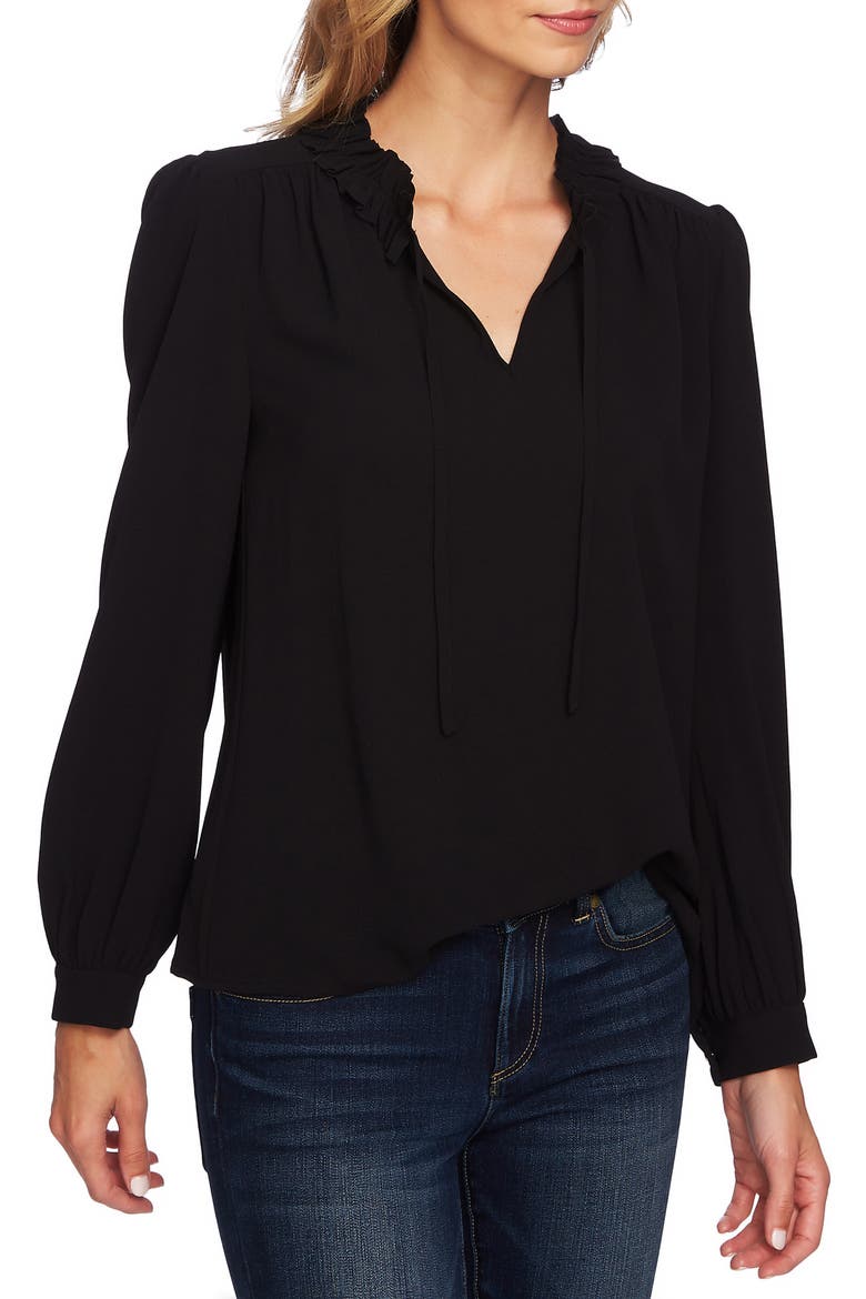 Ruffle Split Tie Neck Blouse, Alternate, color, RICH BLACK