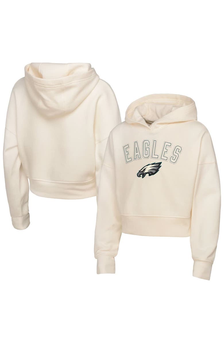 Outerstuff Girls Youth Outerstuff Cream Philadelphia Eagles Oversized Cropped Blitz Hoodie, Main, color,
