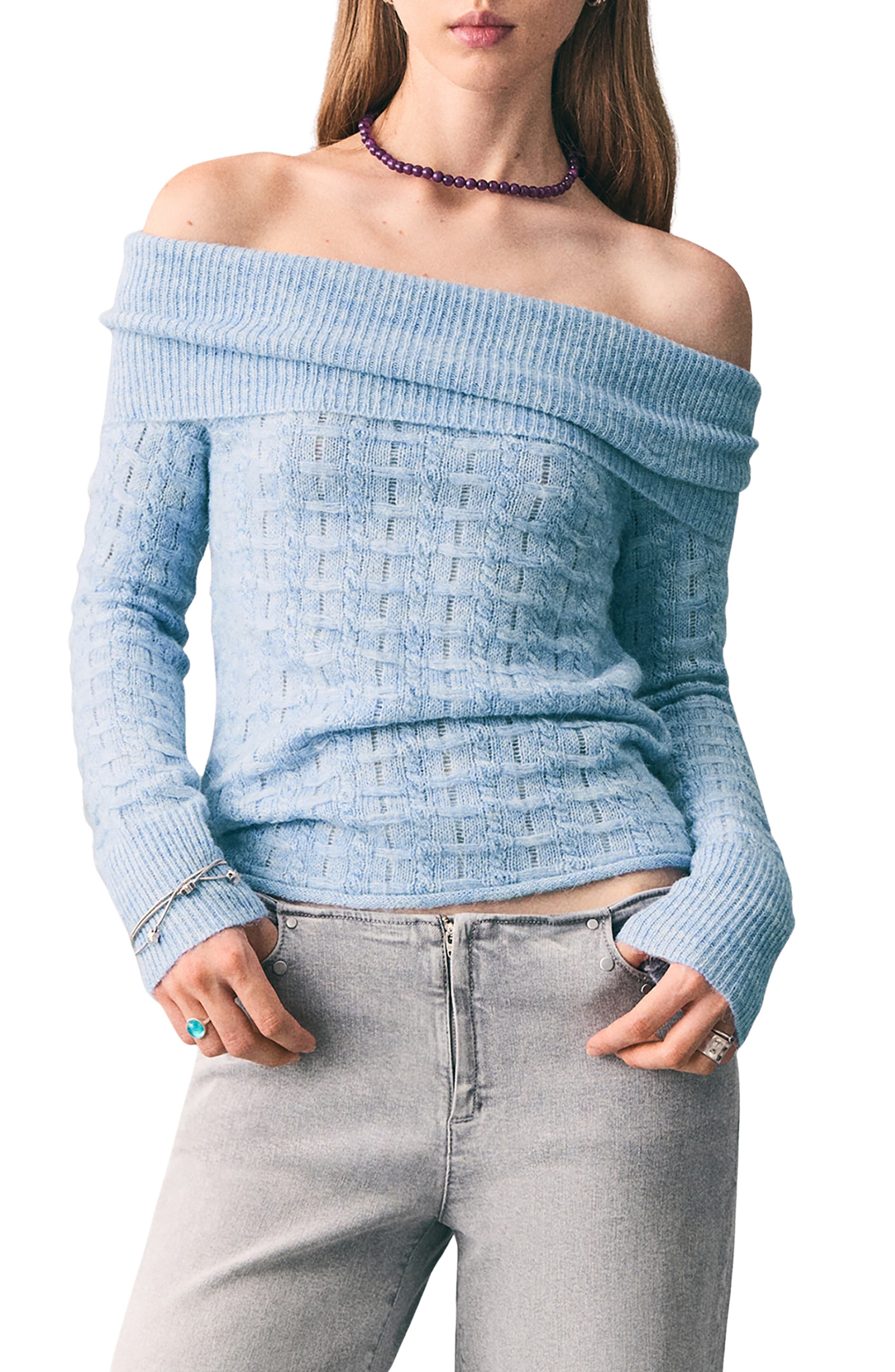 Mango Teen Off The Shoulder Sweater In Blue