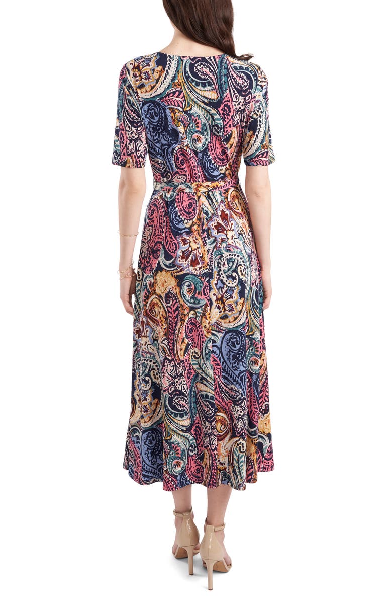 Chaus Pastel Paisley Tie Waist Midi Dress, Alternate, color, Navy / Mauve / Multi