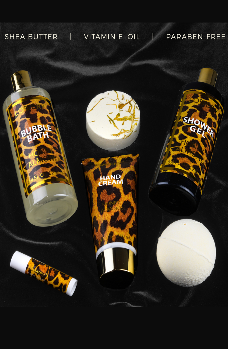 Lovery Luxe Leopard Honey Almond Bath Gift Box - 17Pc Home Spa Kit, Alternate, color, Leopard