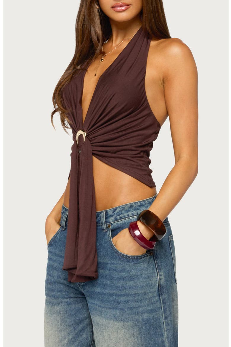 Dixi Buckle Draped Plunge Neck Halter Top, Alternate, color, BROWN