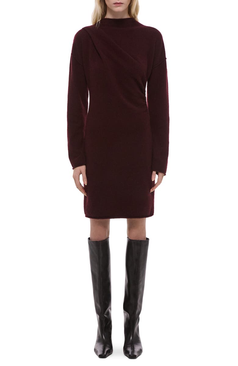 Helmut Lang Drape Detail Long Sleeve Wool Blend Sweater Dress, Main, color, Burgundy