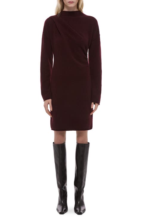 Drape Detail Long Sleeve Wool Blend Sweater Dress