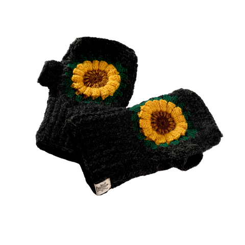 Hand Knit Sunflower Fingerless Gloves