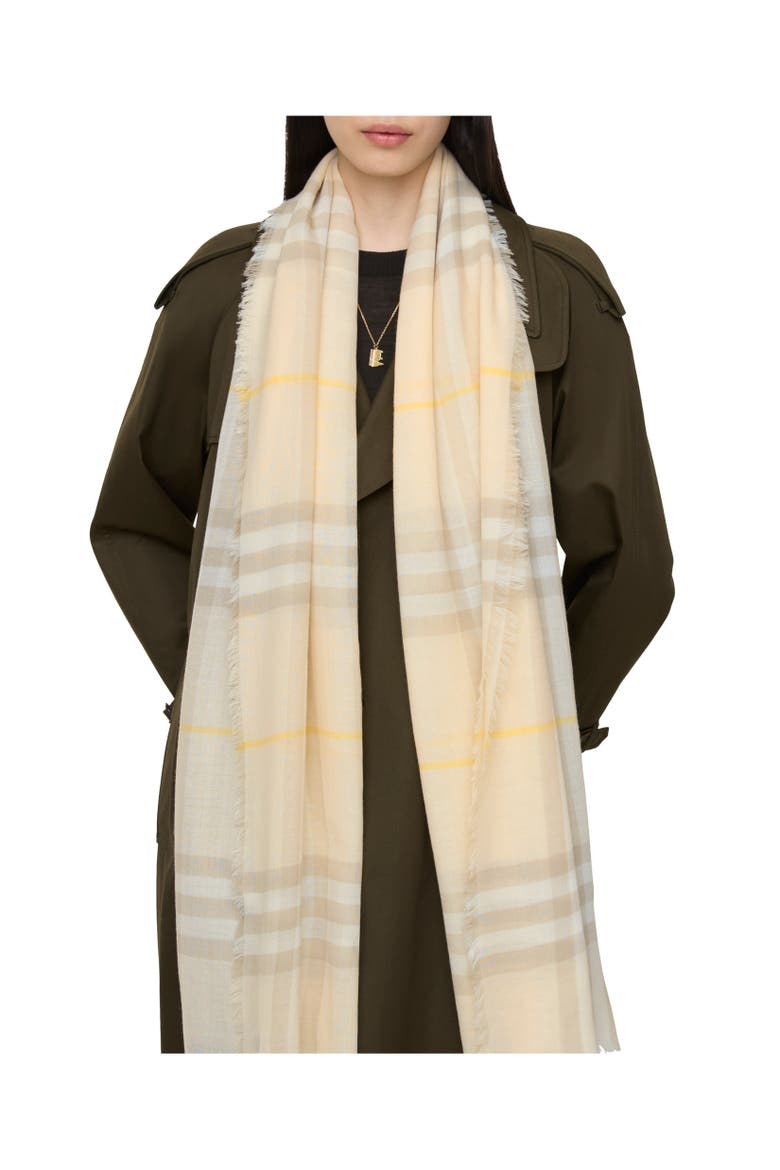 Wide Check Wool Scarf, Alternate, color, Custard beige
