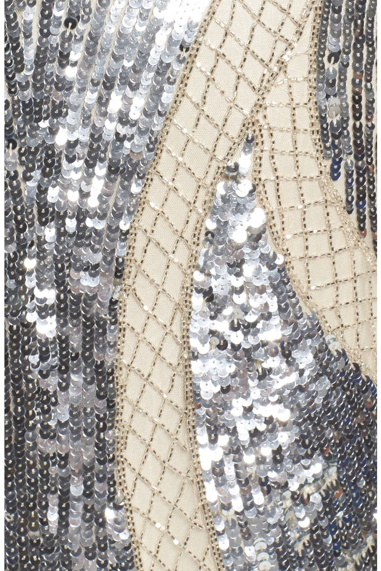 Sequin Cap Sleeve Mesh Gown, Alternate, color, SILVER/ NUDE
