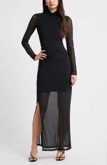 Mock Neck Long Sleeve Mesh Maxi Dress