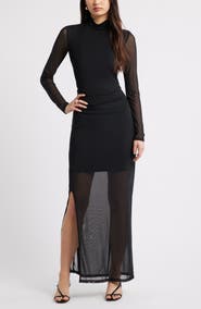 Open Edit Mock Neck Long Sleeve Mesh Maxi Dress