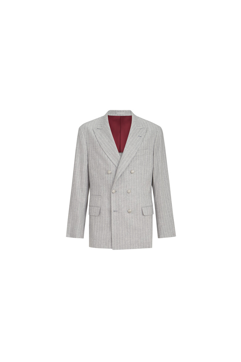 Virgin wool and cashmere chalk stripe flannel one-and-a-half breasted deconstructed blazer with metal buttons, Alternate, color, Light Grey