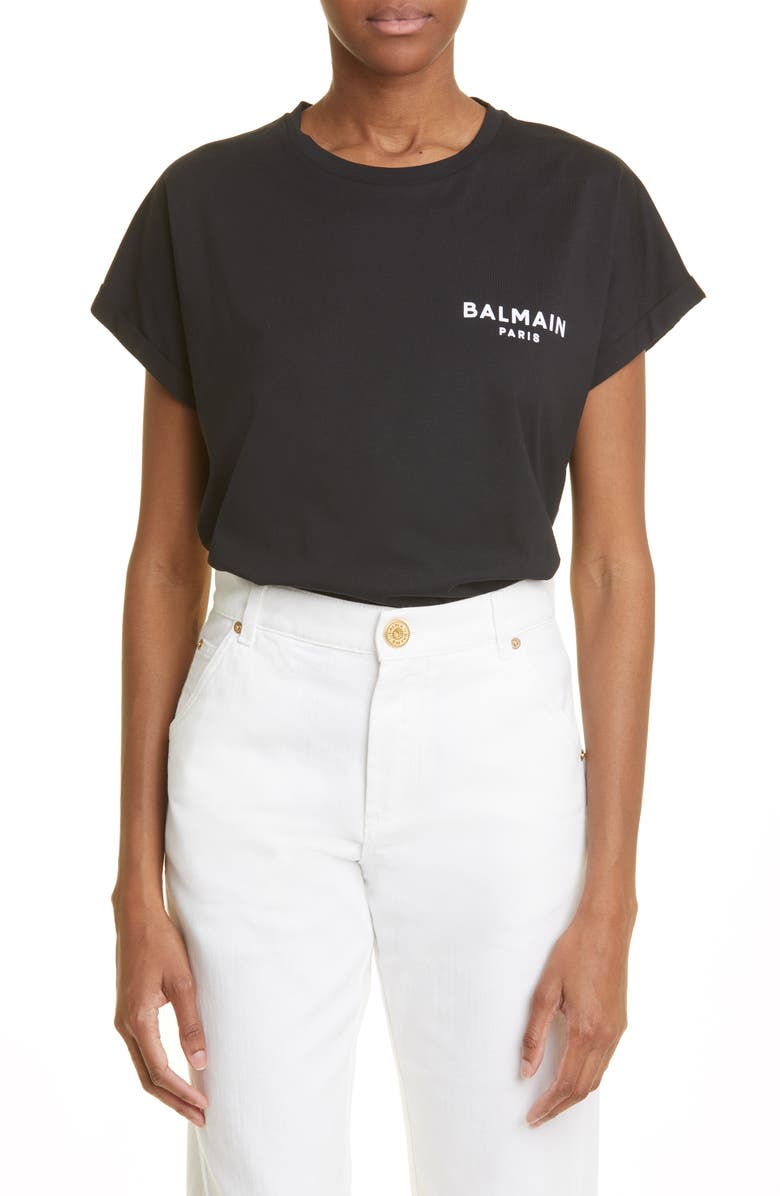 Balmain Flocked Logo Cotton Graphic T-Shirt, Main, color,