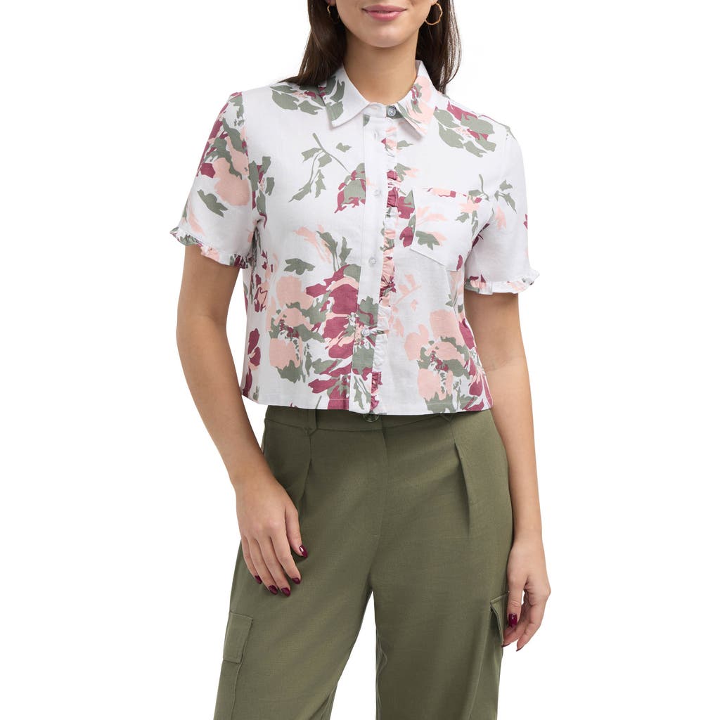 Ellen Tracy Ruffle Sleeve Button Front Shirt In Peach Bouquet