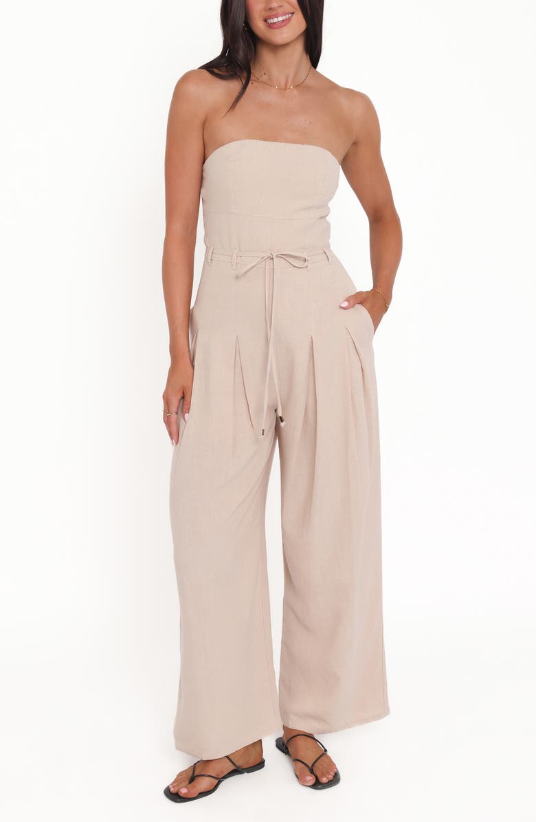 Petal & Pup Calliope Strapless Tie Waist Jumpsuit, Main, color, Wheat
