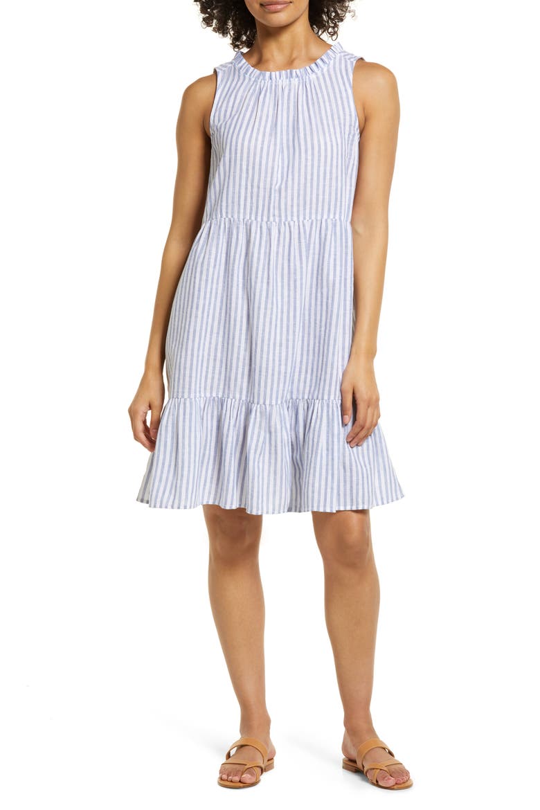 Saison Sleeveless Linen Blend Dress, Main, color, MISTY LINES