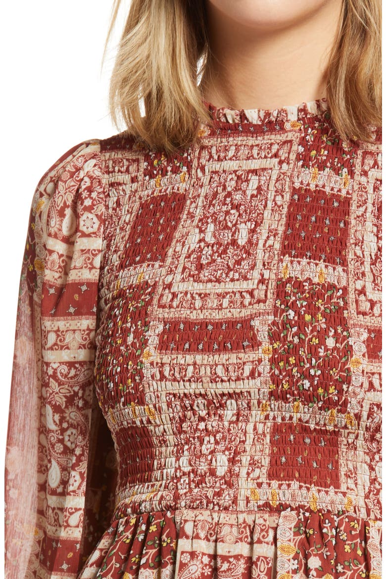 Patchwork Smocked Long Sleeve Minidress, Alternate, color, RUST
