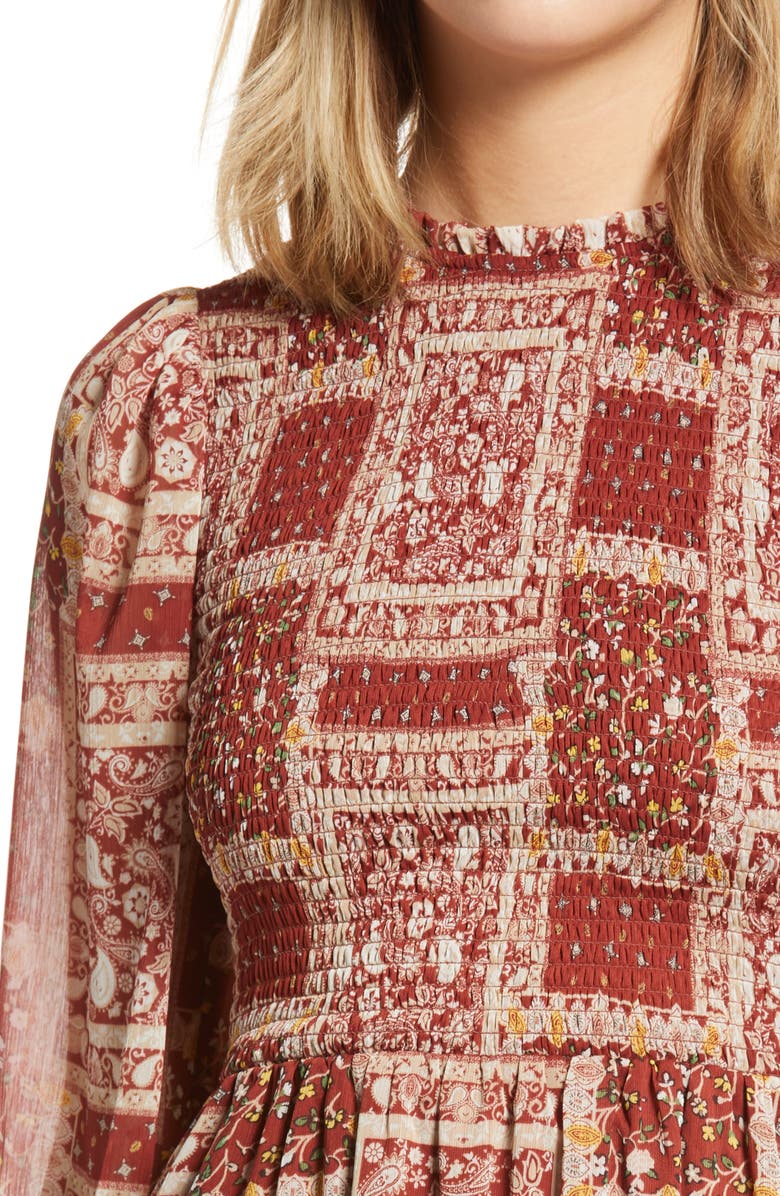 Row A Patchwork Smocked Long Sleeve Minidress, Alternate, color,