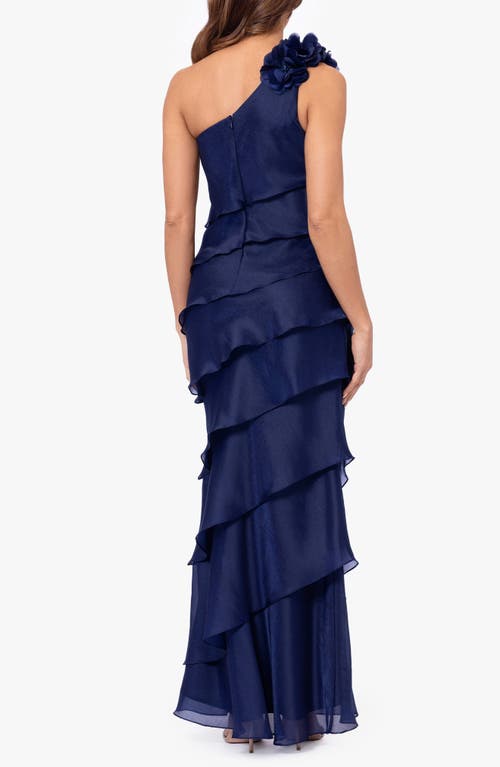 Xscape Evenings Ruffle One-shoulder Tiered Charmeuse Gown In Navy