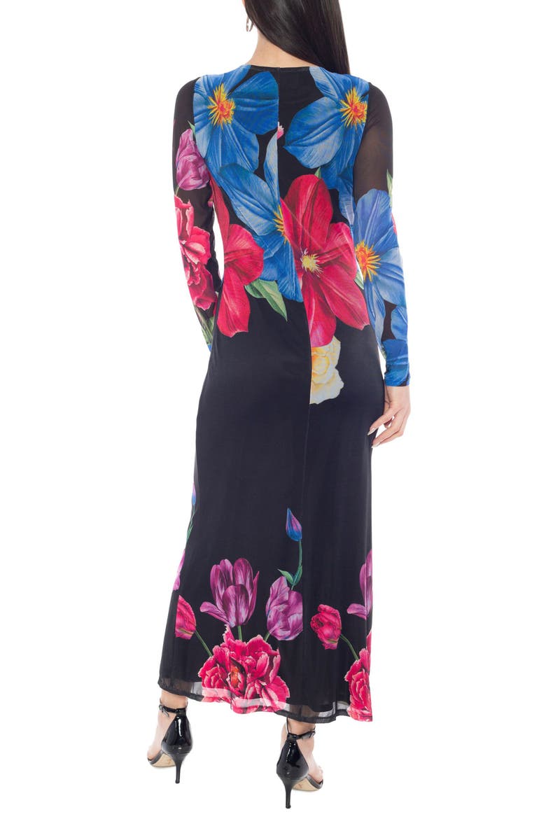 Printed Long Sleeve Mesh Maxi Dress, Alternate, color, BLUE MULTI