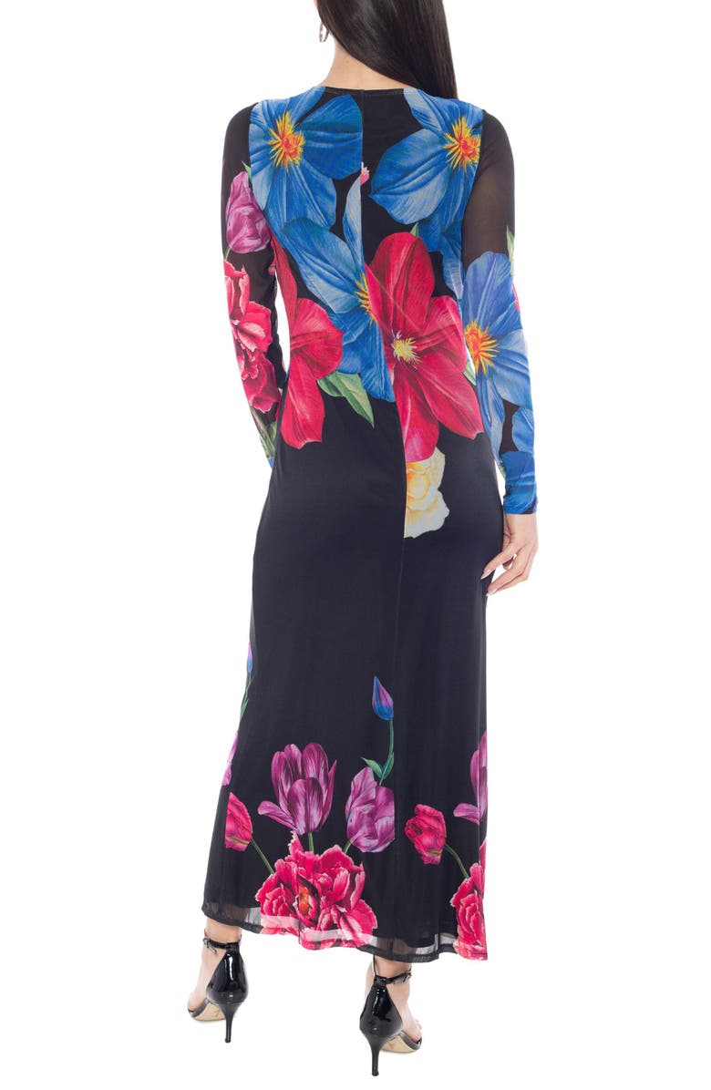 Oleg Cassini Printed Long Sleeve Mesh Maxi Dress, Alternate, color, Blue Multi